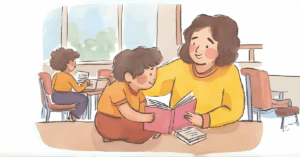 A watercolor painting of a young boy. He's reading a book and an adult is helping him turn the pages. They are in a classroom.