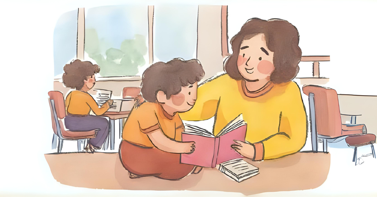 A watercolor painting of a young boy. He's reading a book and an adult is helping him turn the pages. They are in a classroom.