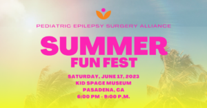 n image of palm trees with a description of an event for children with epilepsy on July 17 at 6 pm at Kid Space Museum in Pasadena, California