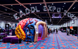A photo of the expo. There is a large, inflated reproduction of the brain at the front, several tables, and baloons.
