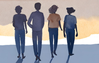 A watercolor image of the silhouettes of four young adults walking into a sunset