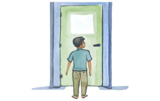 A Latino boy in front of the closed doors of an operating room. He cannot get in.