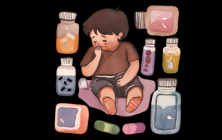 A watercolor image of little boy. He has brown hair, is sad, and surrounded by bottles of pills. He has drug-resistant epilepsy.