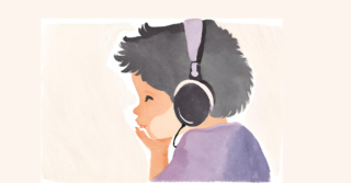 "Watercolor illustration of a young child with short, curly hair, wearing large headphones and a purple shirt, looking thoughtfully to the side."