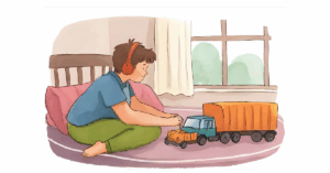 A watercolor image of an older boy playing with a toy truck. He is wearing headphones.