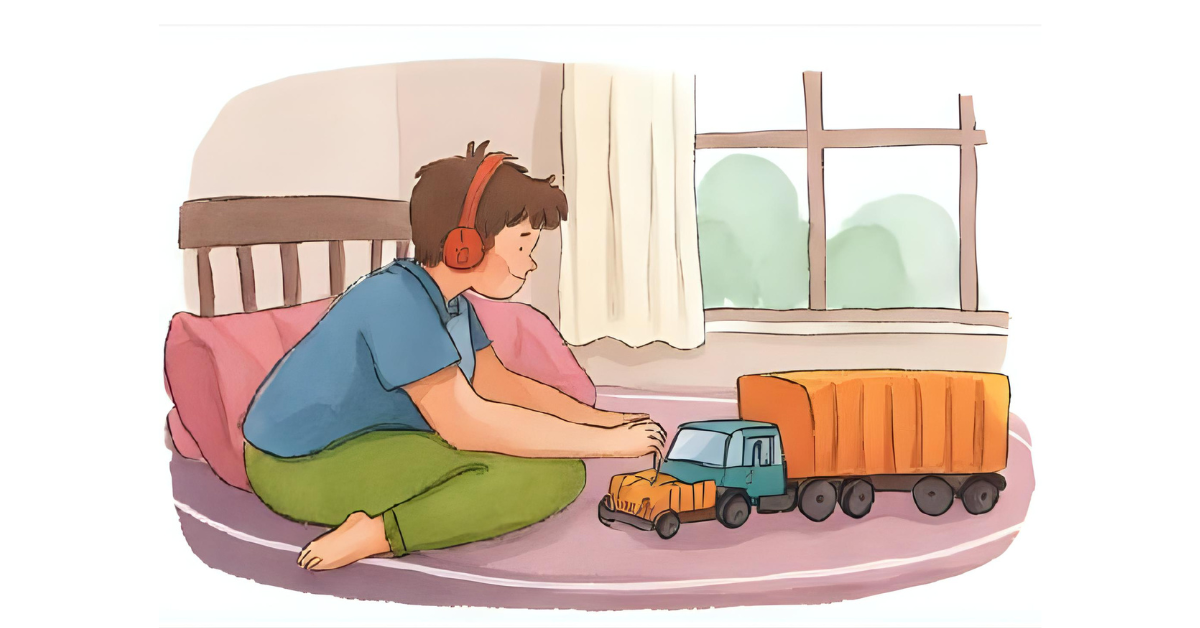 A watercolor image of an older boy playing with a toy truck. He is wearing headphones.