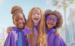 Three young girls wearing purple capes. They are smiling.