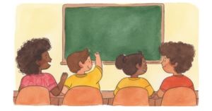 A water color painting of four young children in school, sitting in a classroom, with two raising their hands.