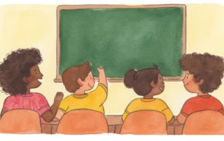 A water color painting of four young children in school, sitting in a classroom, with two raising their hands.