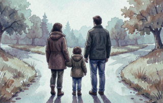 Watercolor illustration of two adults and a child holding hands at a fork in a park path, facing two diverging trails lined with trees.