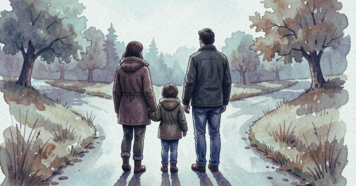 Watercolor illustration of two adults and a child holding hands at a fork in a park path, facing two diverging trails lined with trees.