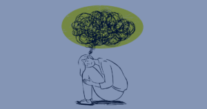 A sketch of a woman sitting down. She is sad and there is a cloud over her head.