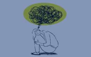 A sketch of a woman sitting down. She is sad and there is a cloud over her head.